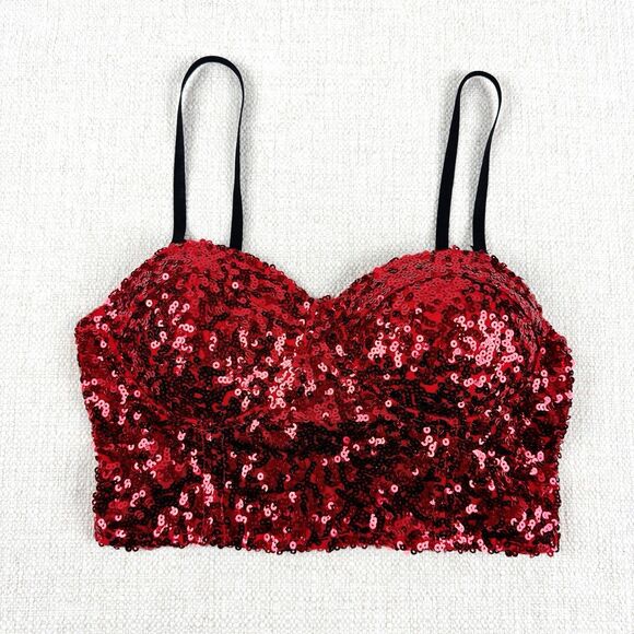 WET SEAL Red Sequins Women's Camisole Bustier Party Holiday Crop Top Large - Picture 1 of 14